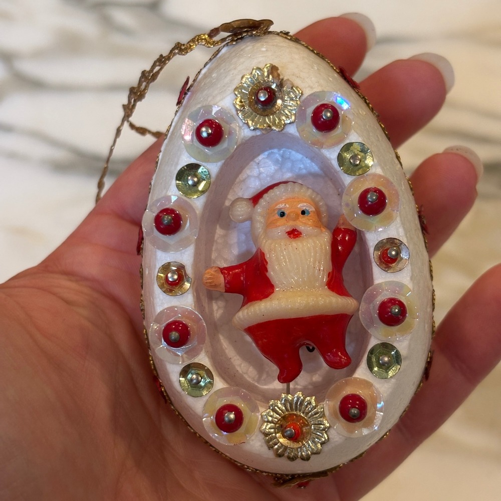 Vintage Diorama Santa Ornament White Egg Sequins Beads Retro